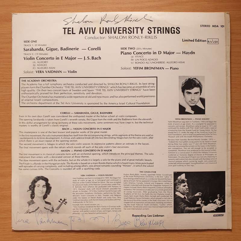 Tel Aviv University Strings - Shalom Ronly-Riklis (Autographed by Conductor and Violin and Piano ...