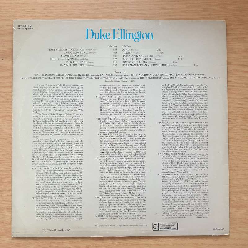 Duke Ellington  The Bethlehem Years, Volume I - Vinyl LP Record - Very-Good+ Quality (VG+)
