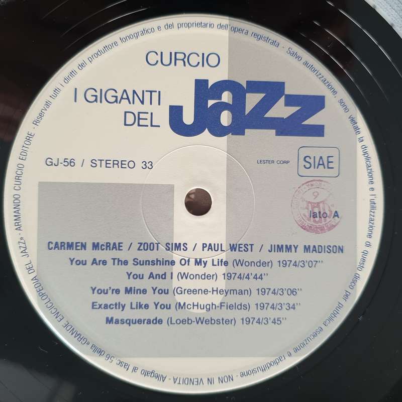Jazz - Carmen McRae / Zoot Sims / Paul West / Jimmy Madison  I Giganti Del Jazz Vol. 56 - Viny...