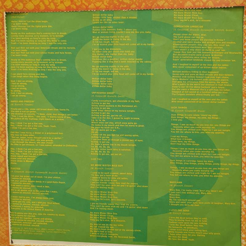 Alice Cooper  Billion Dollar Babies with Dollar $ Bill and Lyrics Inner  Vinyl LP Record - ...