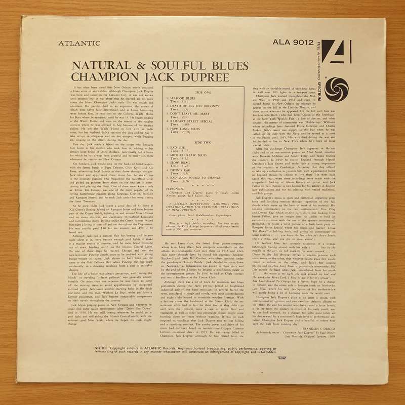 Champion Jack Dupree  Natural & Soulful Blues - Vinyl LP Record - Very-Good Quality (VG) (verry)