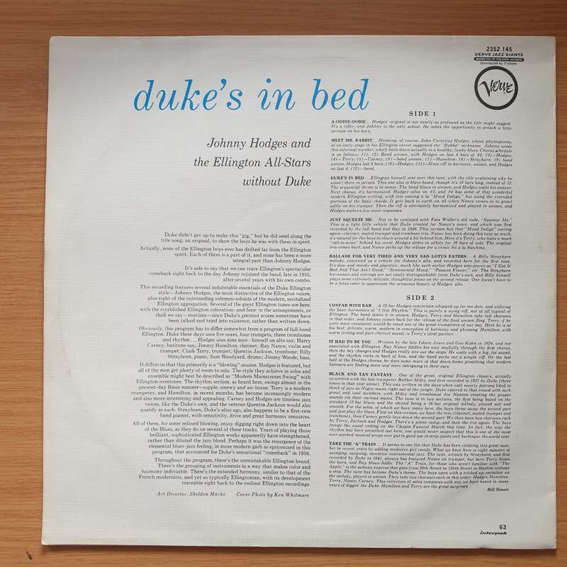 Johnny Hodges And The Ellington All-Stars Without Duke  Duke's In Bed  Vinyl LP Record - Ve...