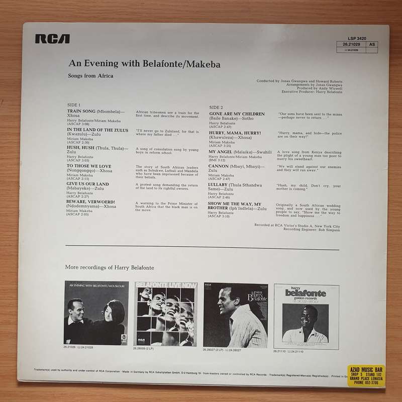 Harry Belafonte & Miriam Makeba  An Evening With Belafonte/Makeba -  Vinyl LP Record - Very-Go...