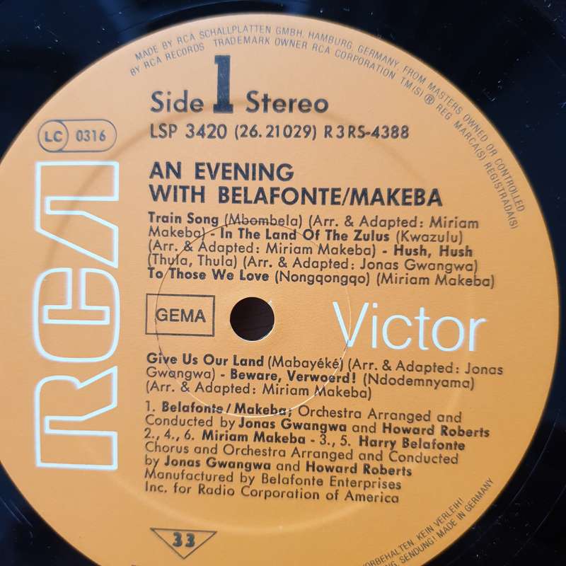 Harry Belafonte & Miriam Makeba  An Evening With Belafonte/Makeba -  Vinyl LP Record - Very-Go...