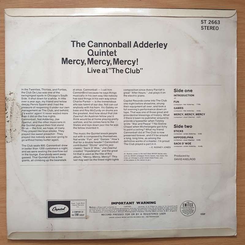 The Cannonball Adderley Quintet  Mercy, Mercy, Mercy! - Live At "The Club"  Vinyl LP Record...