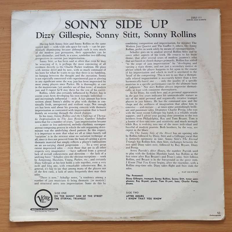 Sonny Side Up - Dizzy Gillespie, Sonny Stitt, Sonny Rollins  Vinyl LP Record - Very-Good+ Qual...