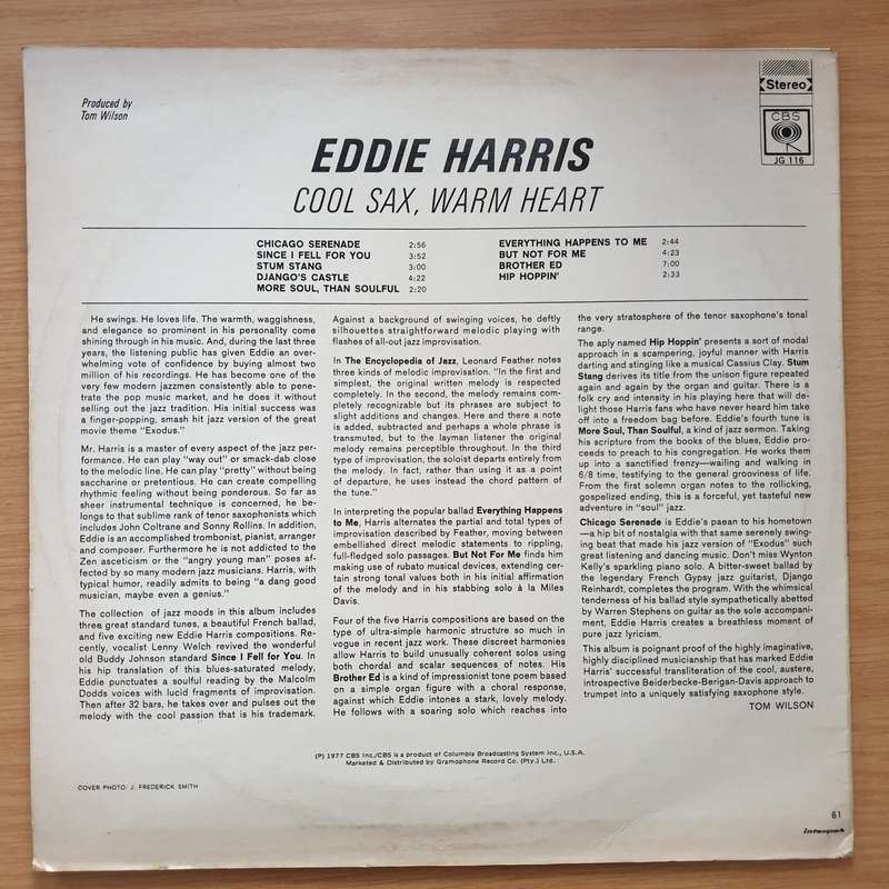 Eddie Harris  Cool Sax Warm Heart (Jazz Giants) - Vinyl LP Record - Very-Good+ Quality (VG+)