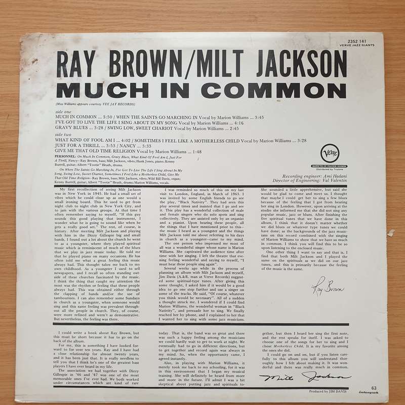 Ray Brown / Milt Jackson  Much In Common - Vinyl LP Record - Very-Good+ Quality (VG+)