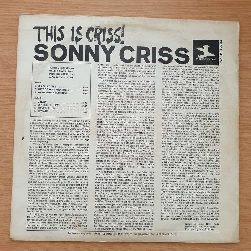 Sonny Criss  This Is Criss! - Vinyl LP Record - Very-Good Quality (VG)  (verry)(verry)
