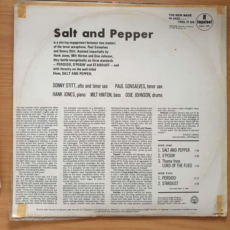 Sonny Stitt And Paul Gonsalves  Salt And Pepper  Vinyl LP Record - Very-Good+ Quality (VG+)...