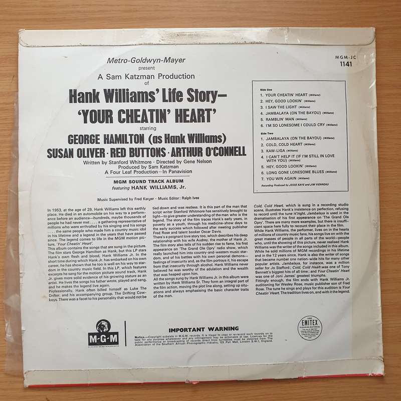 Hank Williams - Your Cheatin' Heart  MGM Soundtrack - Vinyl LP Record - Very-Good+ Quality (VG...