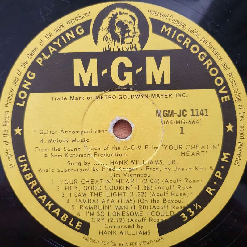 Hank Williams - Your Cheatin' Heart  MGM Soundtrack - Vinyl LP Record - Very-Good+ Quality (VG...