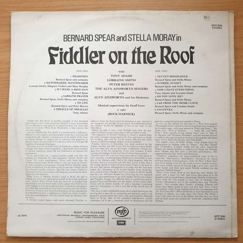 Bernard Spear With Alyn Ainsworth & His Orchestra  Fiddler On The Roof - Vinyl LP Record - Ver...