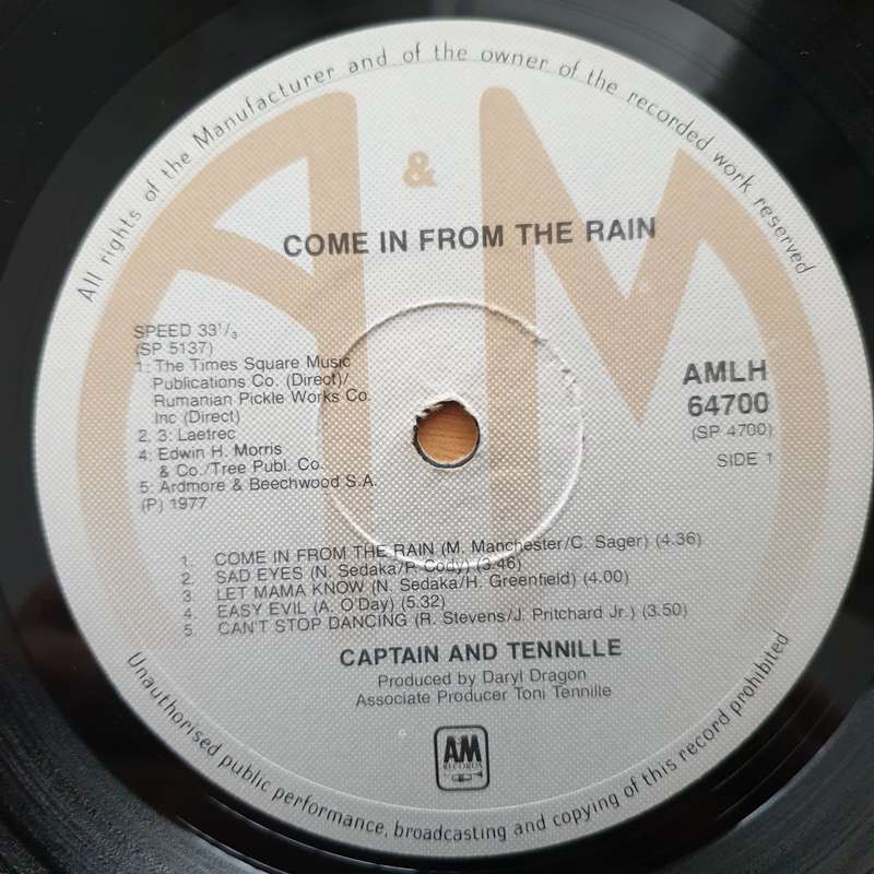 Captain & Tennille - Come In from The Rain - Vinyl LP Record - Very-Good+ Quality (VG+) (verygood...