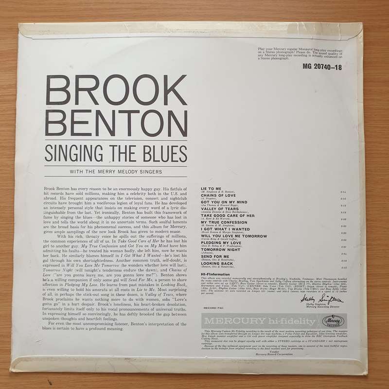 Brook Benton  Lie To Me - Brook Benton Singing The Blues - Vinyl LP Record - Very-Good- Qua...