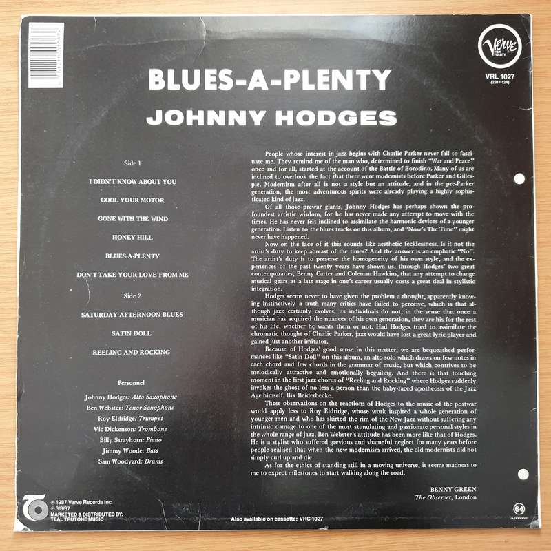 Johnny Hodges  Blues-A-Plenty - Vinyl LP Record - Very-Good- Quality (VG-) (minus)