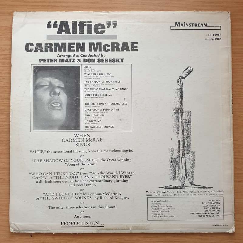 Alfie - Carmen McRae  Vinyl LP Record - Very-Good+ Quality (VG+) (verygoodplus)