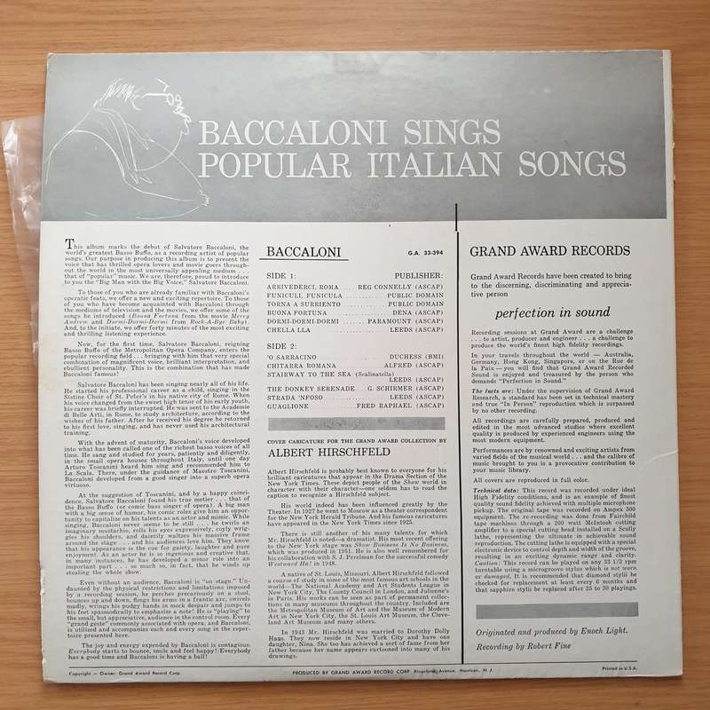 Salvatore Baccaloni  Baccaloni Sings Popular Italian Songs - Vinyl LP Record - Very-Good- Qual...