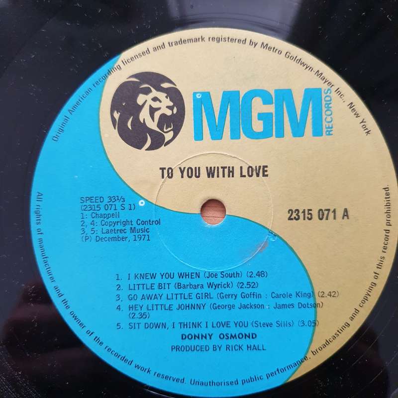Donny Osmond  To You With Love, Donny  Vinyl LP Record - Very-Good+ Quality (VG+) (verygood...
