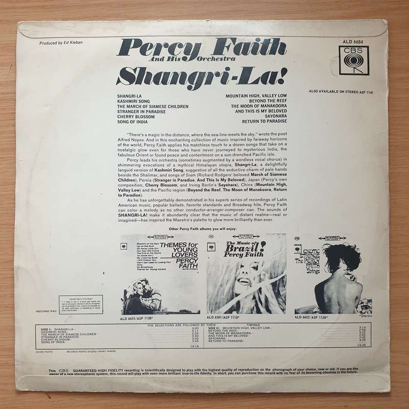 Percy Faith - Shangrila - Vinyl LP Record - Very-Good Quality (VG)  (verry)