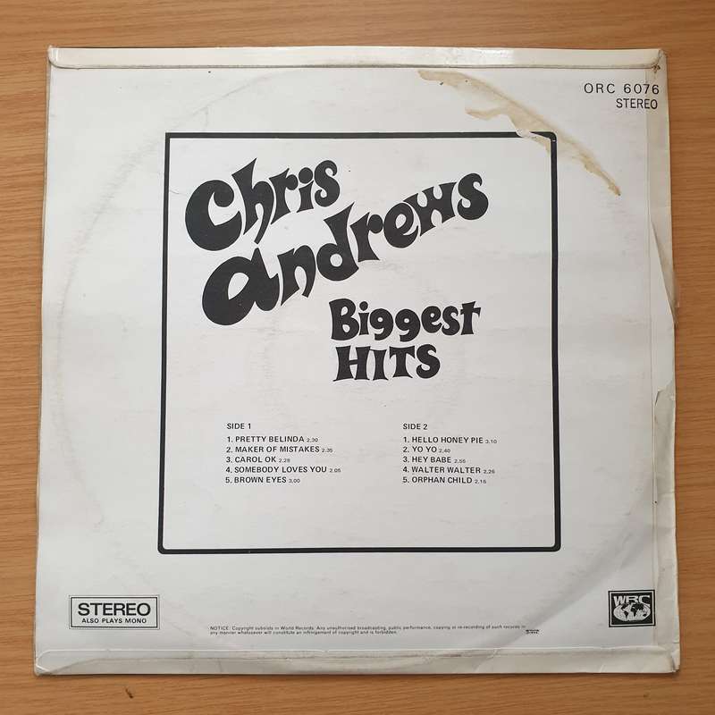 Chris Andrews  Chris Andrews Biggest Hits  Vinyl LP Record - Very-Good+ Quality (VG+) (very...