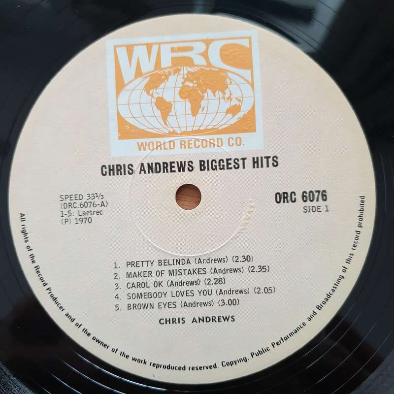 Chris Andrews  Chris Andrews Biggest Hits  Vinyl LP Record - Very-Good+ Quality (VG+) (very...