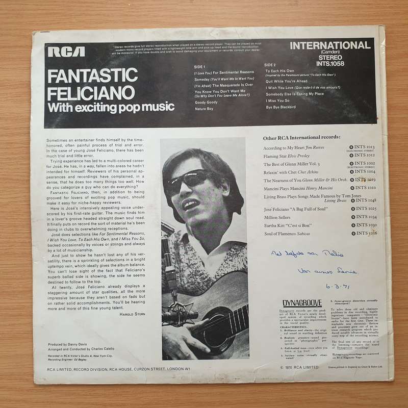 José Feliciano  Fantastic Feliciano - The Voice And Guitar Of José Feliciano - Vinyl LP Reco...