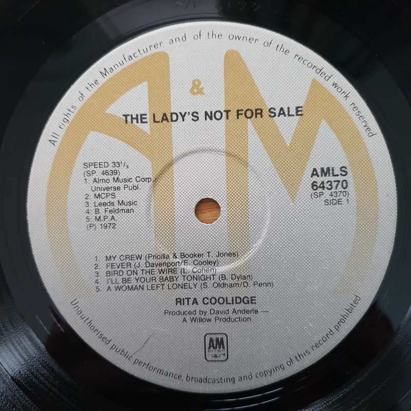 Rita Coolidge  The Lady's Not For Sale - Vinyl LP Record - Very-Good+ Quality (VG+) (verygoodp...