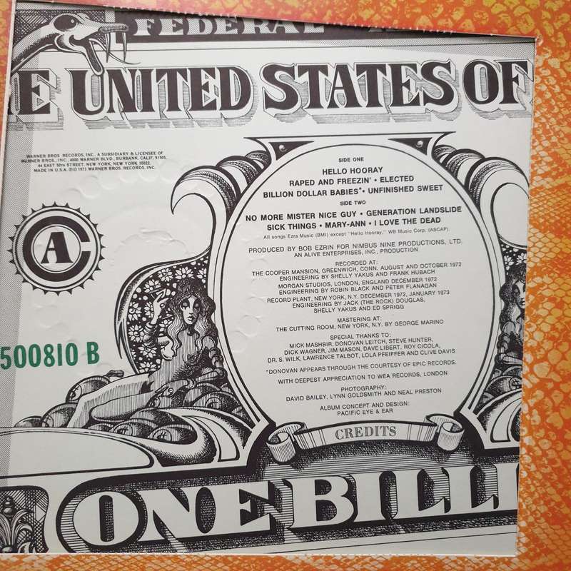 Alice Cooper  Billion Dollar Babies - With Dollar Bill, Original Lyrics Sheet and Band Post...
