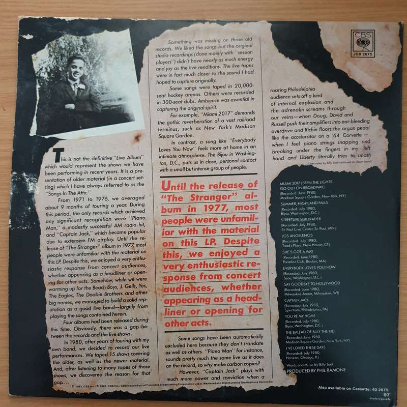 Billy Joel - Songs In The Attic - with Original Lyrics Sheet - Vinyl LP Record - Very-Good+ Quali...