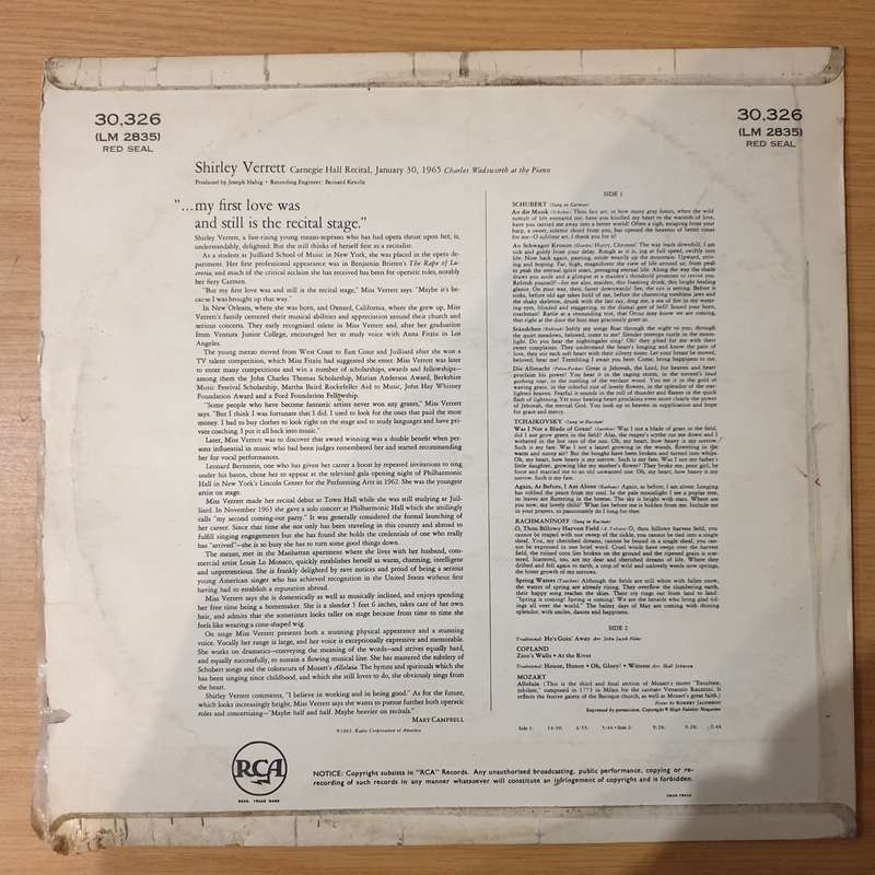 Shirley Verrett  Carnegie Hall Recital - January 30, 1965 - Vinyl LP Record - Very-Good+ Quali...