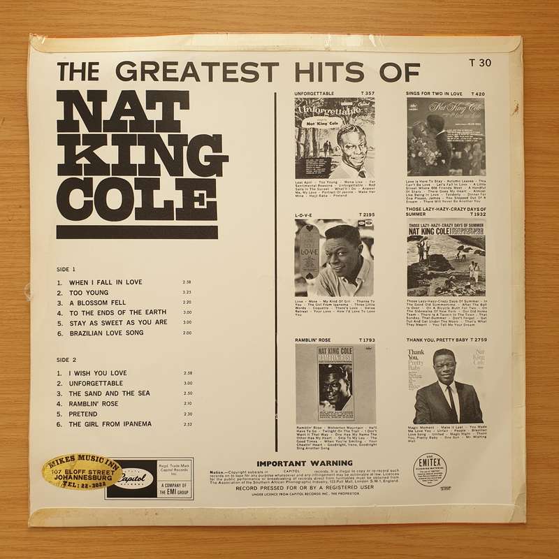 Nat King Cole -  The Greatest Hits Of -  Vinyl LP Record - Very-Good Quality (VG)  (verry)