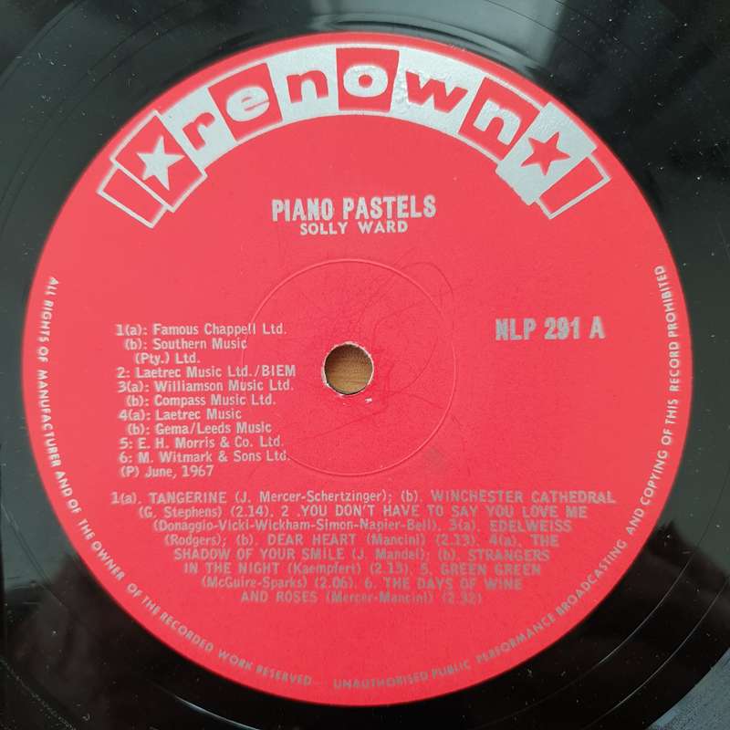 Solly Ward - Piano Pastels with Solly Ward -  Vinyl LP Record - Very-Good Quality (VG)  (verry)