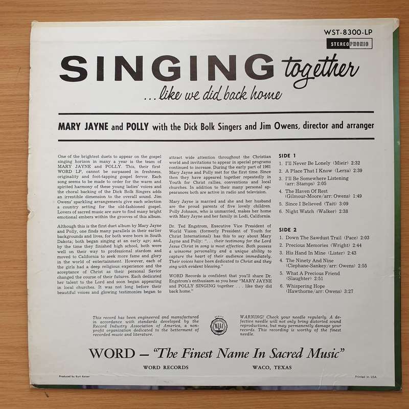 Mary Jayne And Polly  Singing Together ...Like We Did Back Home  Vinyl LP Record - Very-Goo...