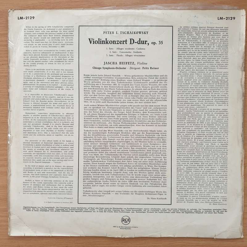 Tschaikowsky, Heifetz, Chicago Symphony Orchestra, Reiner  Concerto In D, Op. 35- Vinyl LP Rec...