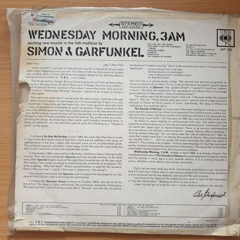 Simon & Garfunkel  Wednesday Morning, 3 A.M.  - Vinyl LP Record - Very-Good- Quality (VG-) ...