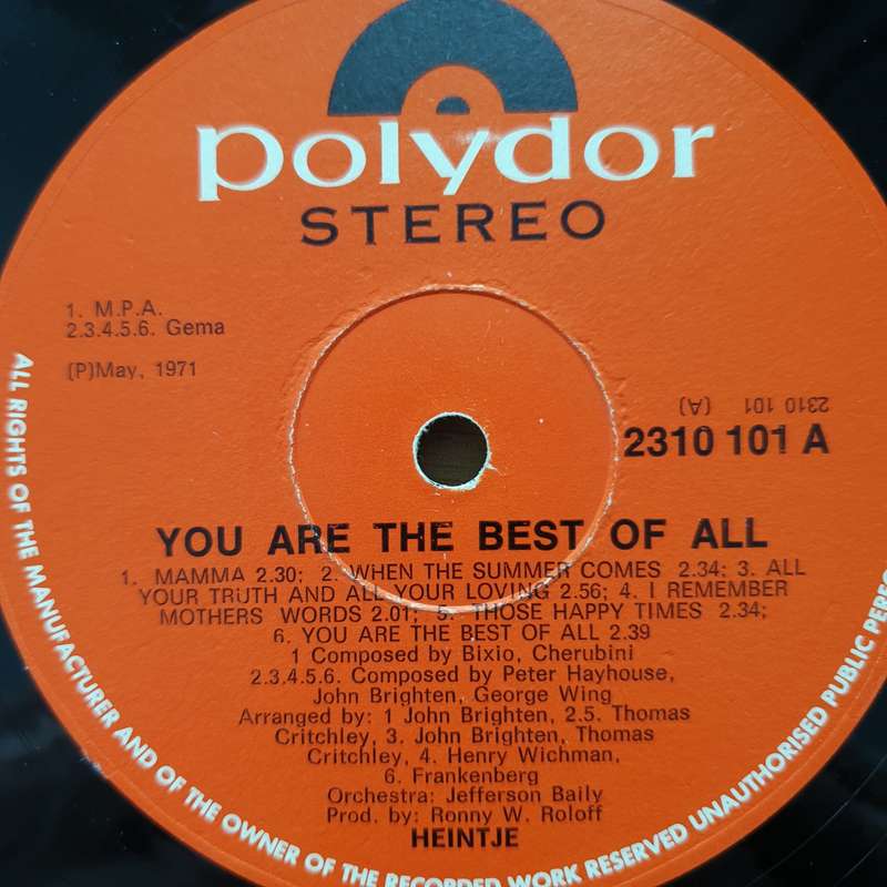Heintje  You Are The Best Of All - Vinyl LP Record - Very-Good Quality (VG)  (verry)