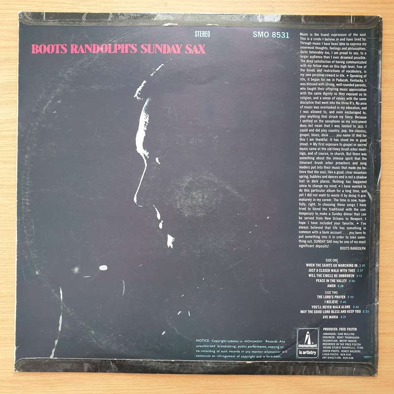 Boots Randolph  Sunday Sax  - Vinyl LP Record - Very-Good+ Quality (VG+) (verygoodplus)