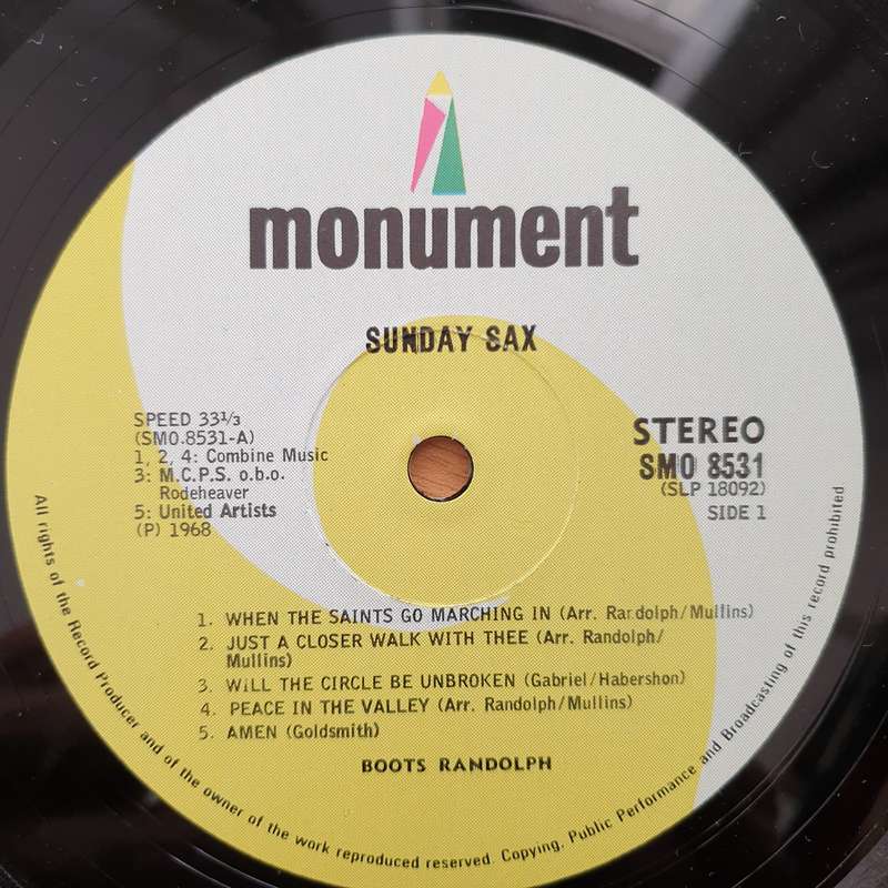 Boots Randolph  Sunday Sax  - Vinyl LP Record - Very-Good+ Quality (VG+) (verygoodplus)