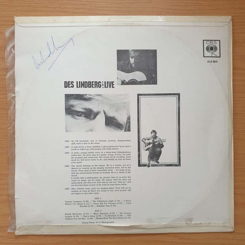 Des Lindberg  Live - Autographed - Vinyl LP Record - Very-Good+ Quality (VG+) (verygoodplus)