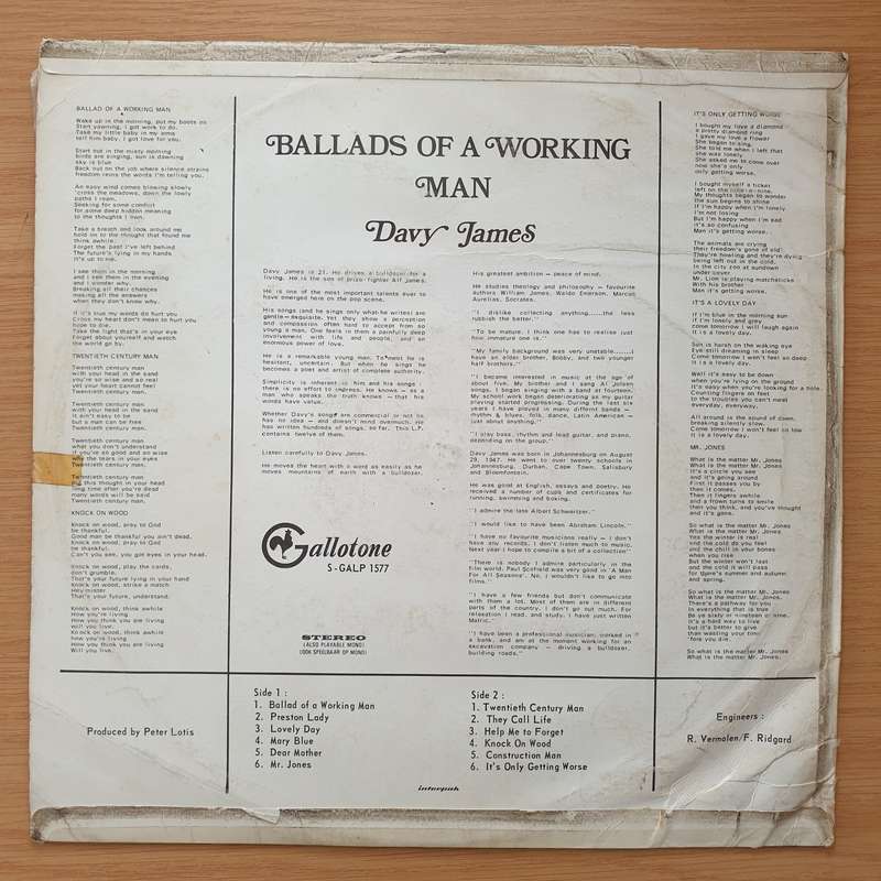 Davy James  Ballad Of A Working Man - Vinyl LP Record - Very-Good+ Quality (VG+) (verygoodplus)