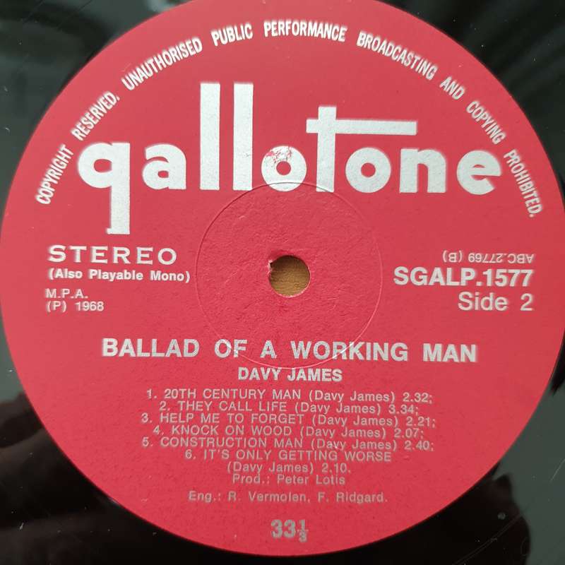 Davy James  Ballad Of A Working Man - Vinyl LP Record - Very-Good+ Quality (VG+) (verygoodplus)