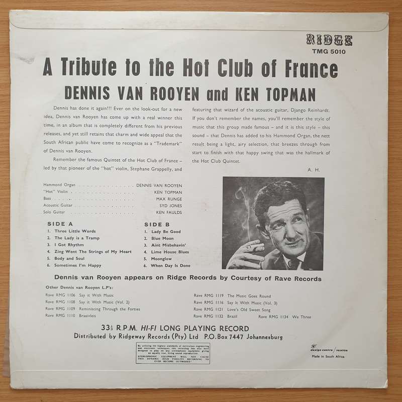 Dennis van Rooyen (and his Hot Club Quintette) & Ken Topman  Vinyl LP Record - Very-Good+ Qual...