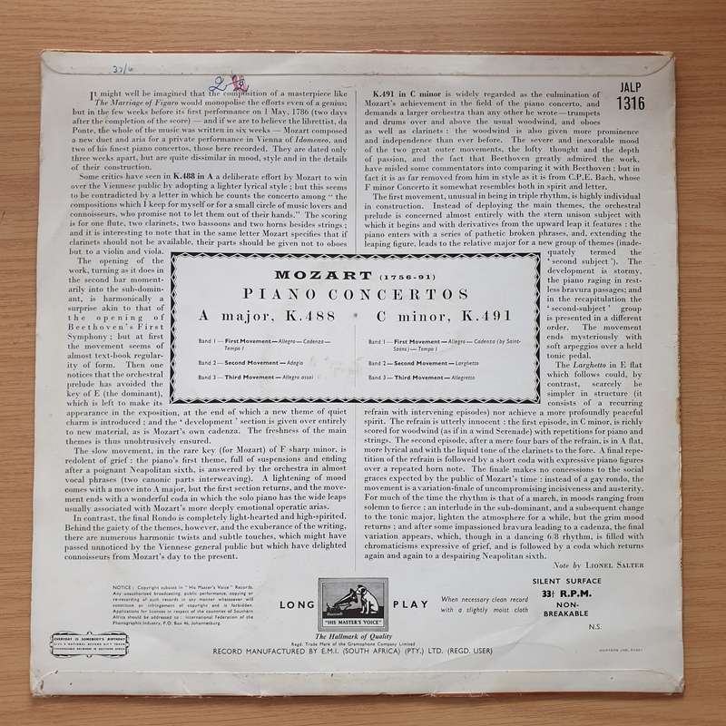 Solomon Cutner, Philharmonia Orchestra  Mozart Piano Concertos, A Major K.488, C Minor K.491 ...