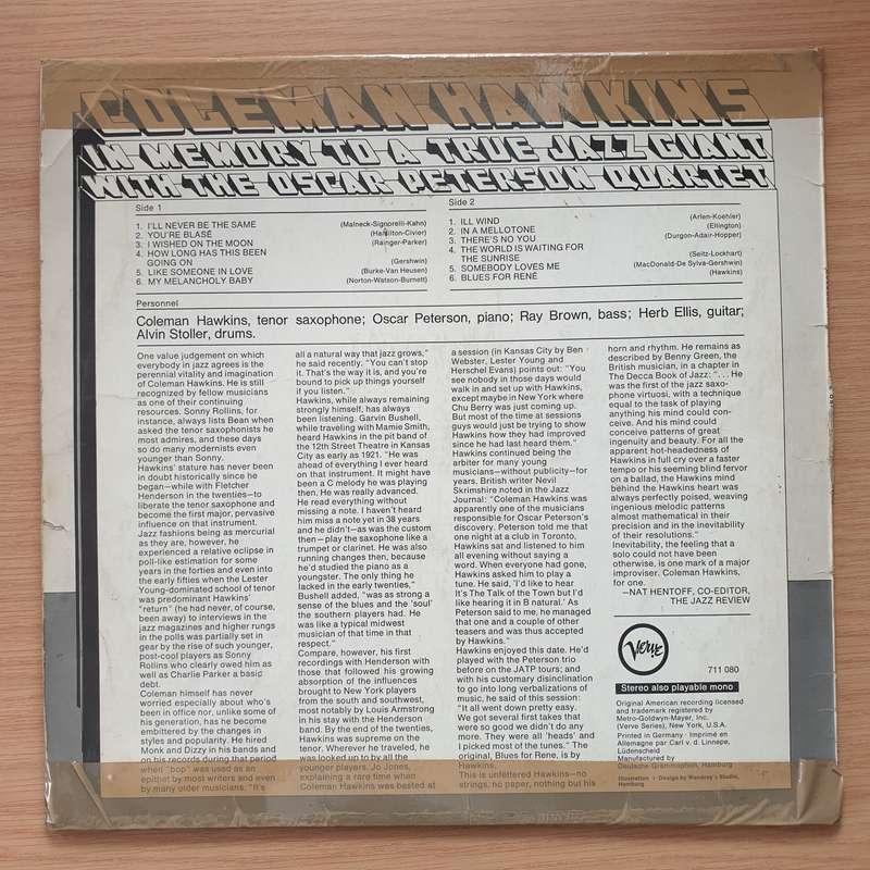 Coleman Hawkins with The Oscar Peterson Quartet  In Memory To A True Jazz Giant - Vinyl LP Rec...