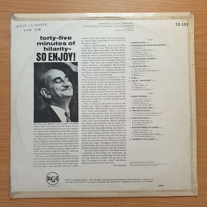 Myron Cohen  Everybody Gotta Be Someplace - Vinyl LP Record - Very-Good+ Quality (VG+) (verygo...