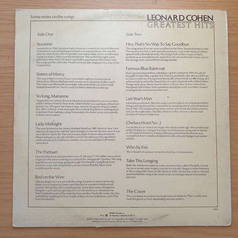 Leonard Cohen  Greatest Hits (Israel Pressing)  Vinyl LP Record - Very-Good+ Quality (VG...