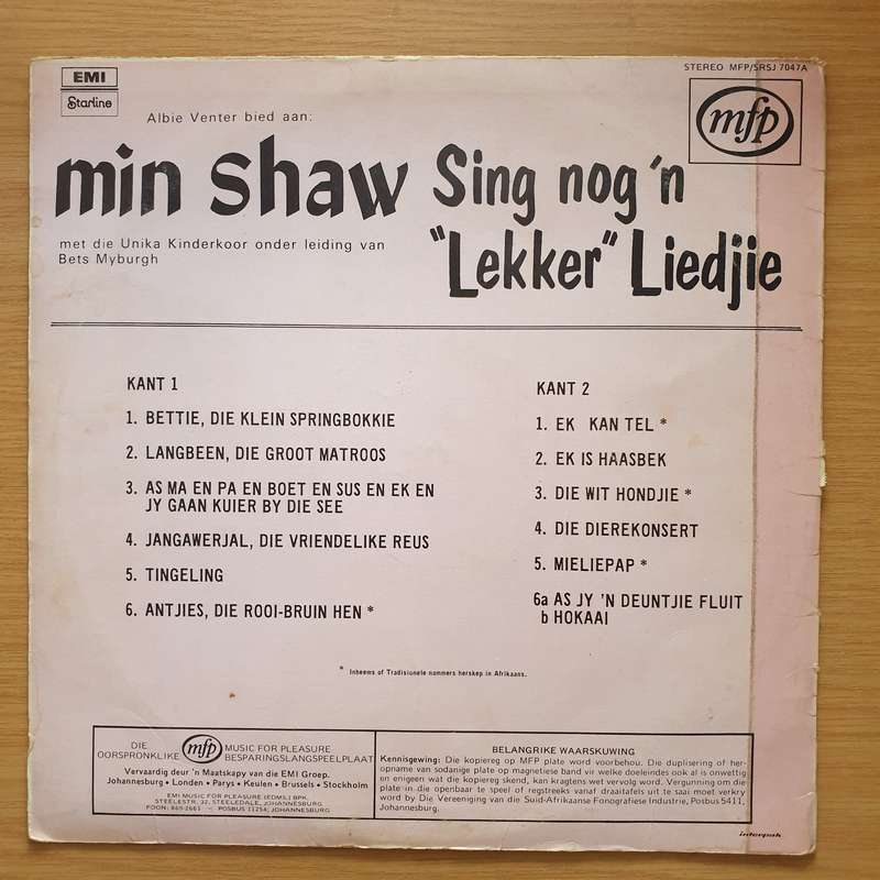 Min Shaw -  Sing 'n Lekker LIedtjie met Unika Kleuterkoor - Vinyl LP Record - Very-Good+ Quality ...