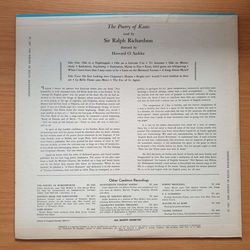 Keats - Ralph Richardson  The Poetry Of Keats - Vinyl LP Record - Very-Good+ Quality (VG+) (ve...
