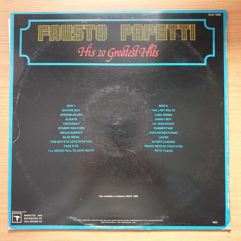 Fausto Papetti  His 20 Greatest Hits - Vinyl LP Record - Very-Good+ Quality (VG+) (verygoodplus)